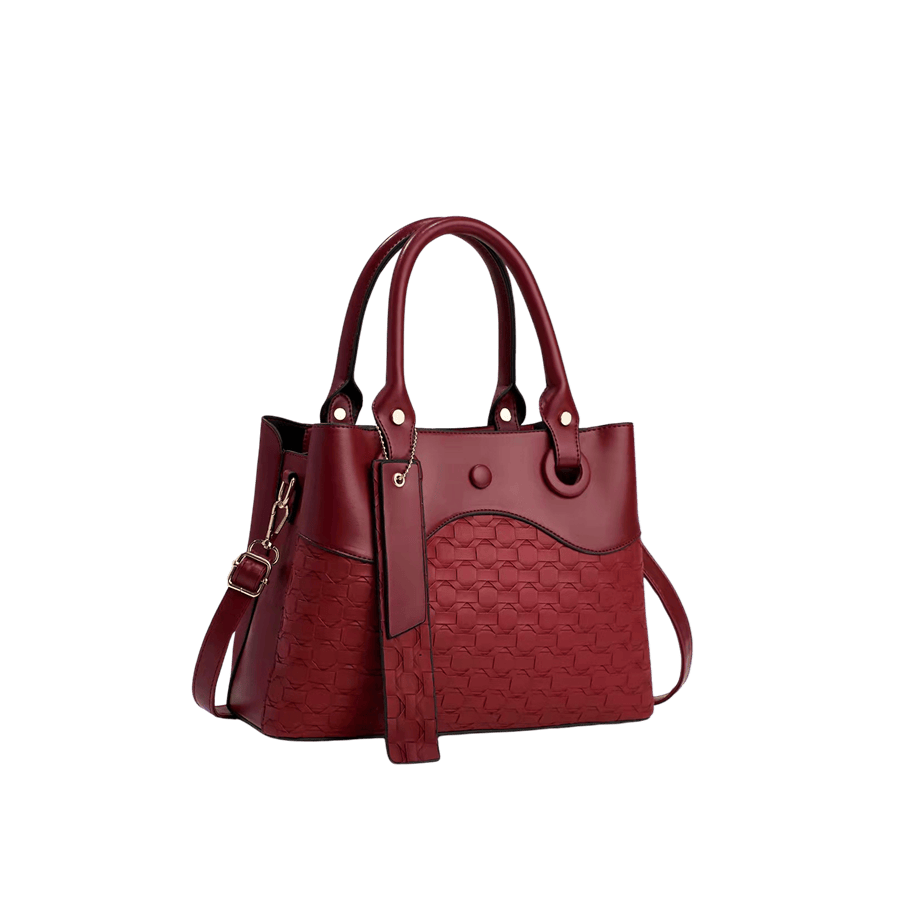 Burgundy weave PU ladies handbag with trim PU and detachable PU hangtag