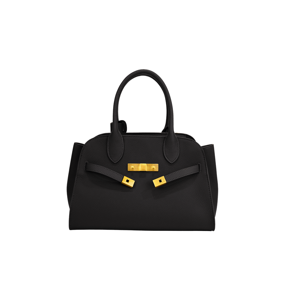 Black ladies handbag with two lock closure and decorative straps