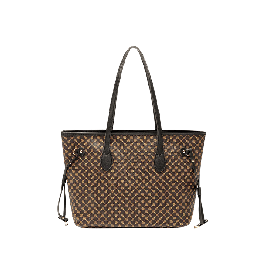 Black ladies tote  bag with gold prints and black trim PU