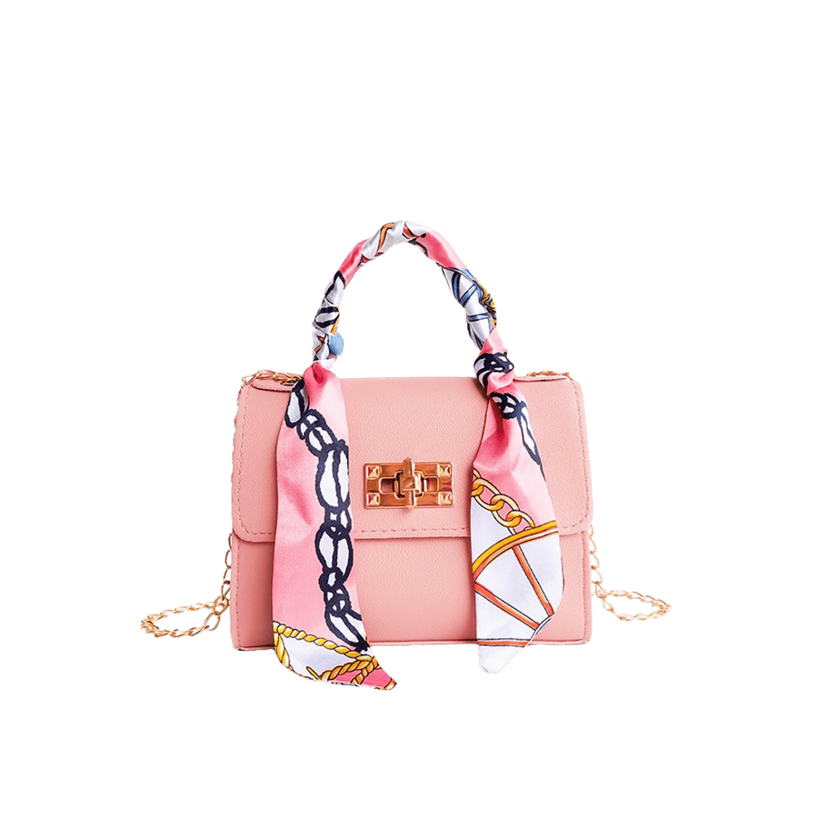 Pink ladies handbag with lock closure and decorative scarf on the handle