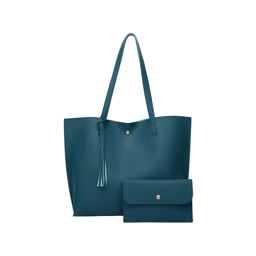 Green small pebble PU ladies tote sets with detachable tassel and magnetic snap closure