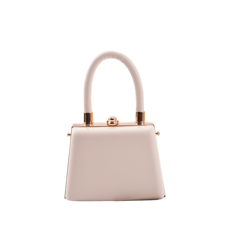 Beige framed ladies handbag with framed closure and metal tubular on the handle