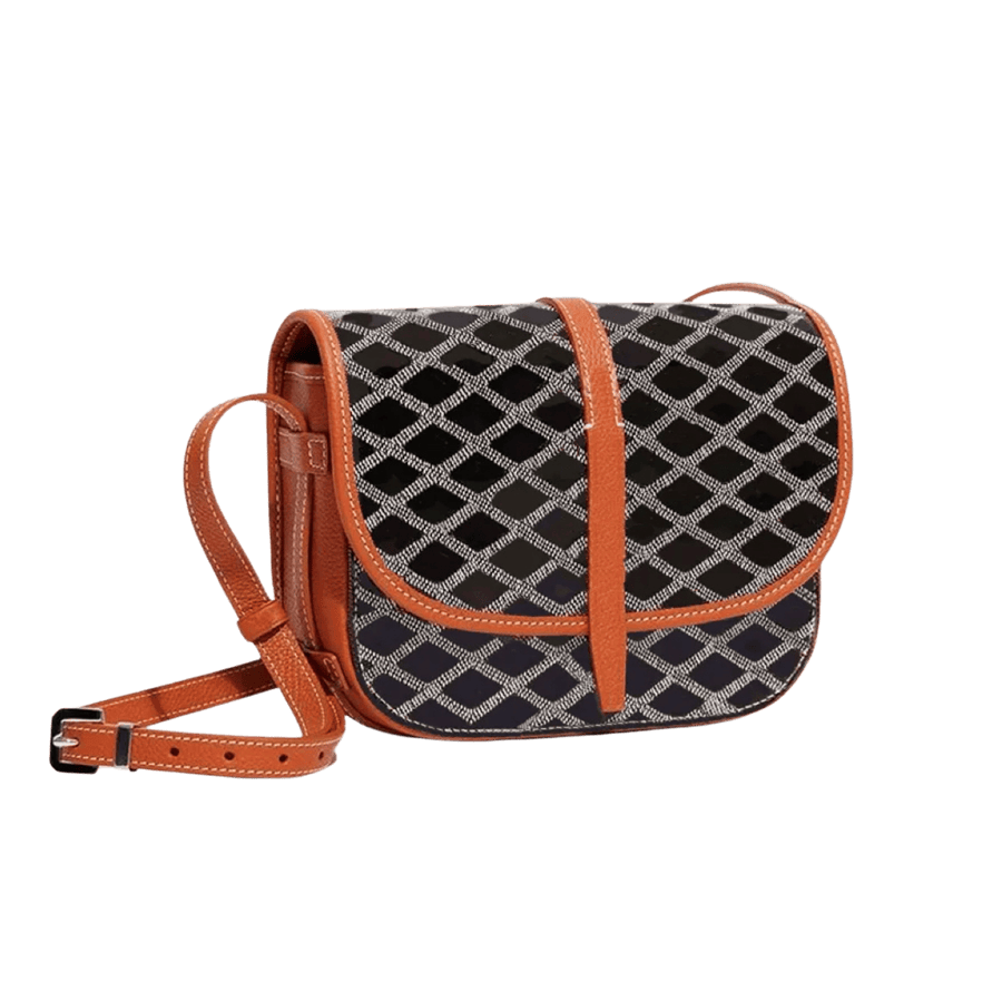 Ladies crossbody bag with rhombus prints and brown trim PU