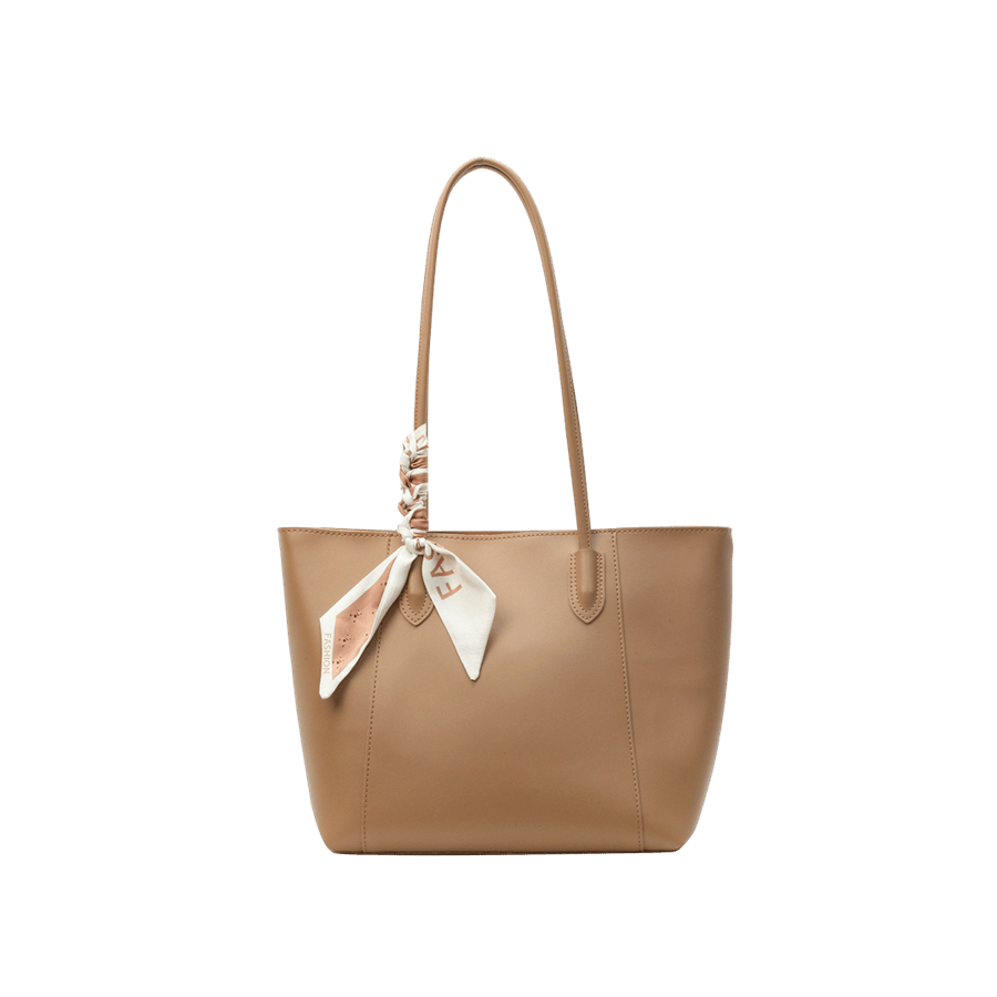 Camel ladies tote with decorative Scarf on the handle