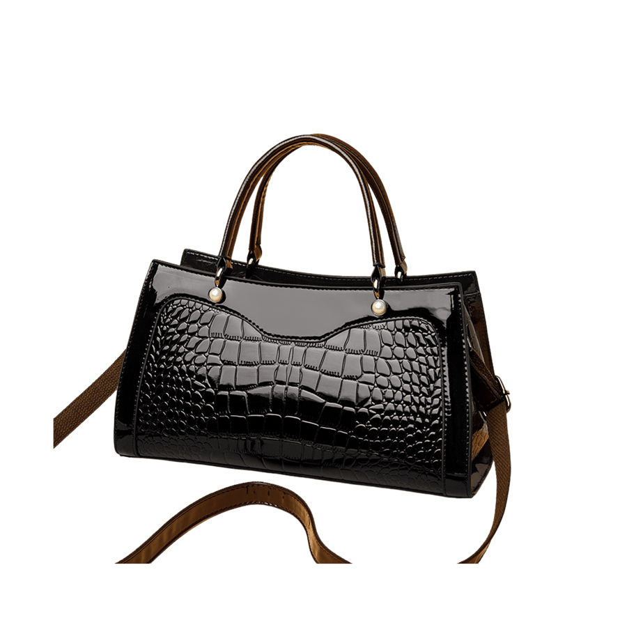 Black patent croco PU ladies handbag with black patent trim PU and pearl tab of handle