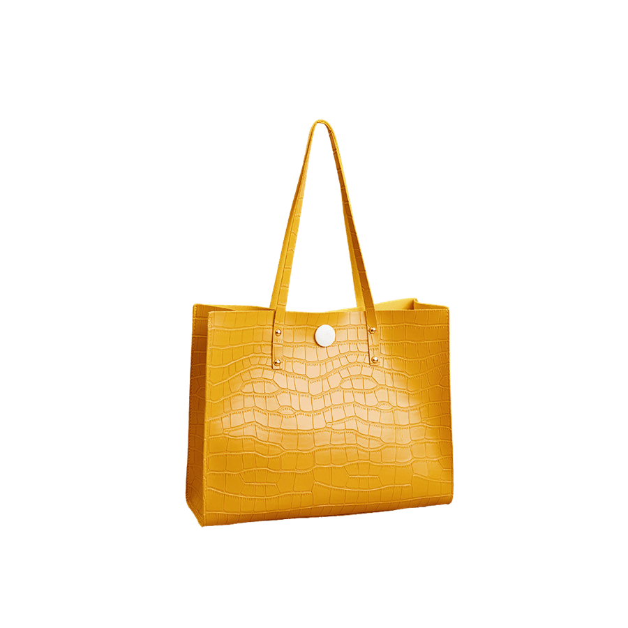 Yellow croco PU ladies tote bag with white snap closure and decorative studs