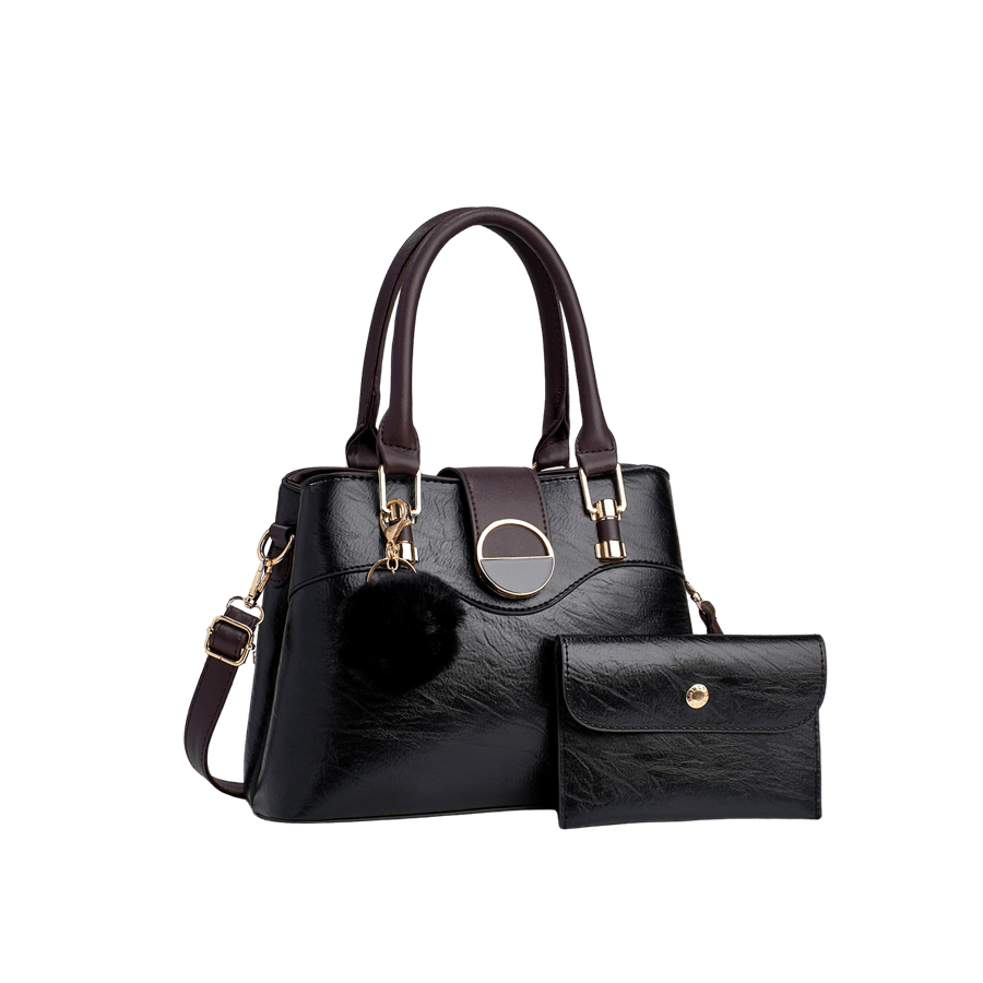 Black ladies handbag sets with detachable pompom and round enemal hardware
