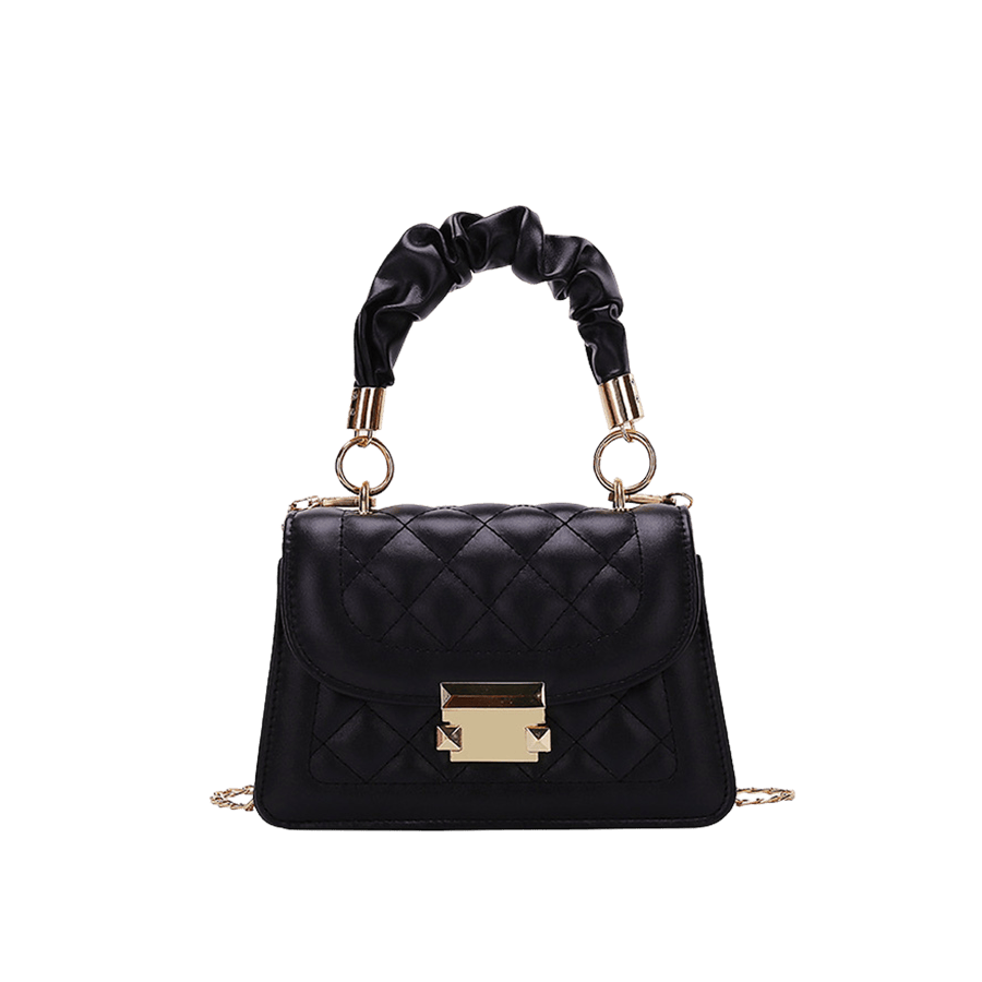 Black quilting ladies handbag with plicated handle and lock closure