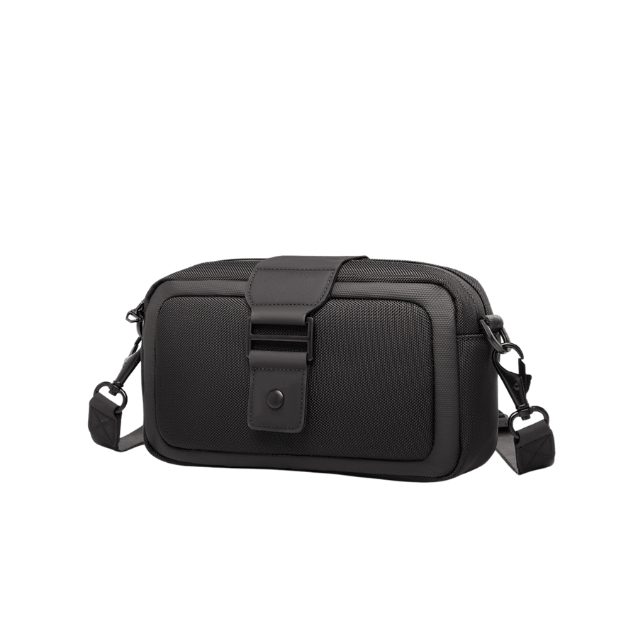 Black gent's crossbody bag with black trim PU and decorative metal slider