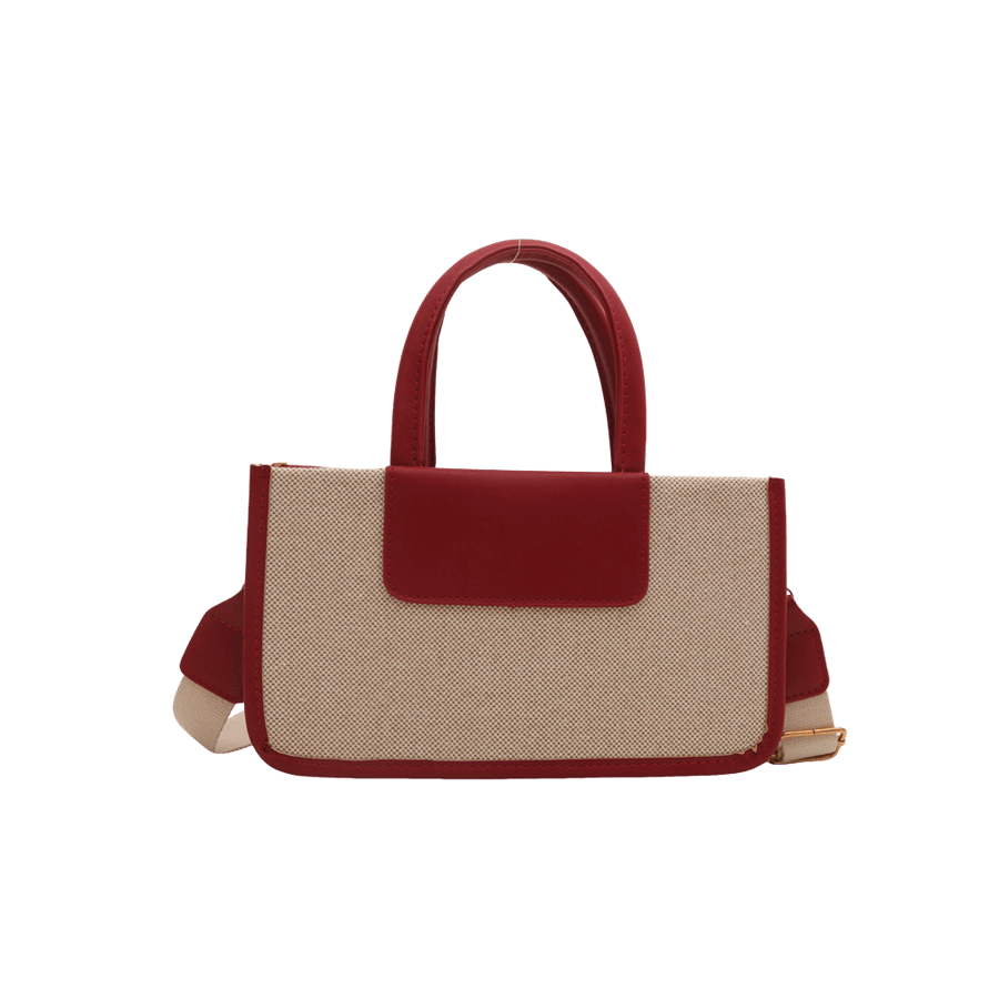 Beige canvas ladies tote bag with burgundy trim PU and webbing shoulder strap