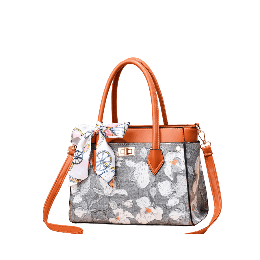 Floral print ladies tote bag with decorative scarf and orange trim PU