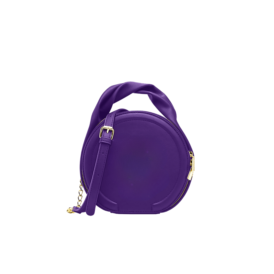 Purple round ladies handbag with plicated handle and bombe on the front