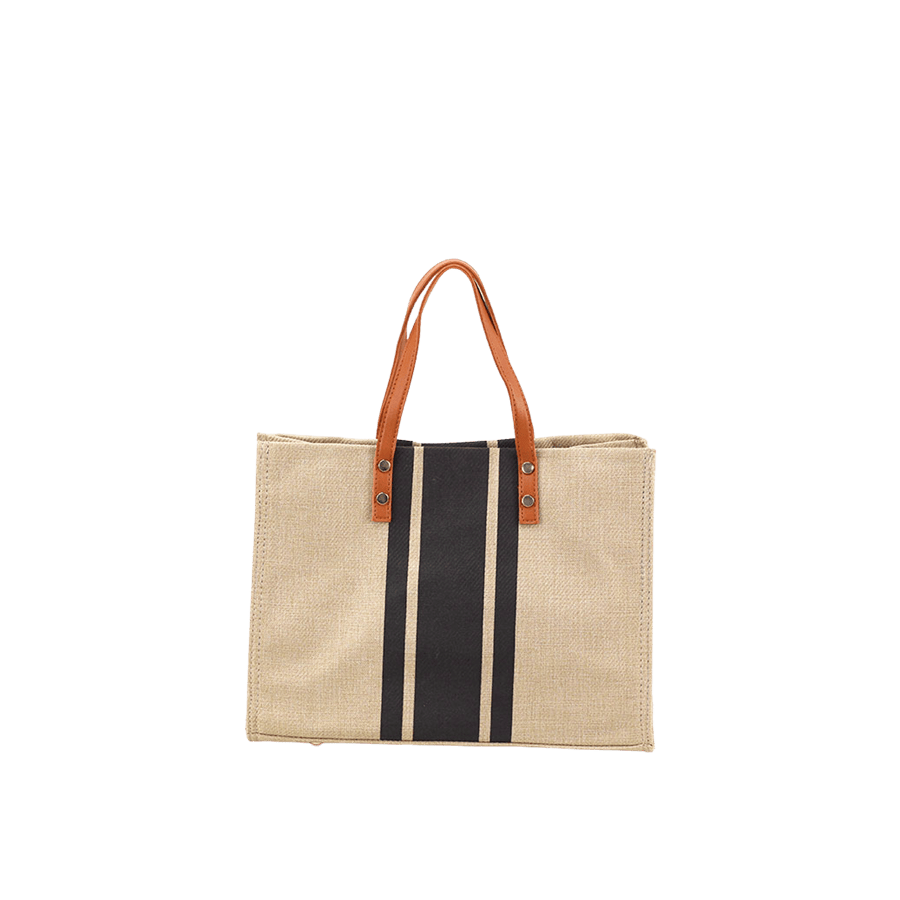 Canvas ladies tote with stripe print and orange trim PU