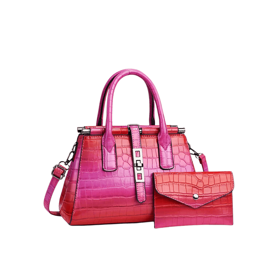 Red Croco PU ladies handbag sets with lock closure and metal bar on the handle