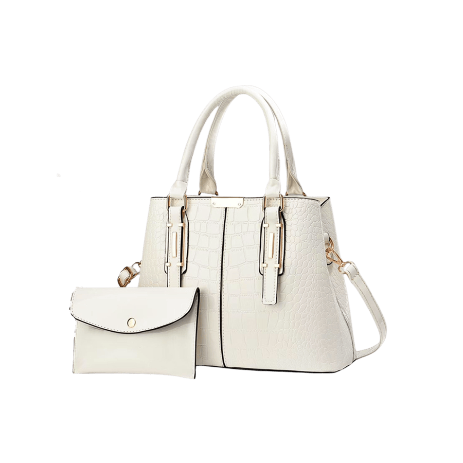 Beige croco PU ladies handbag sets with metal tab of handle and contrast edge painting