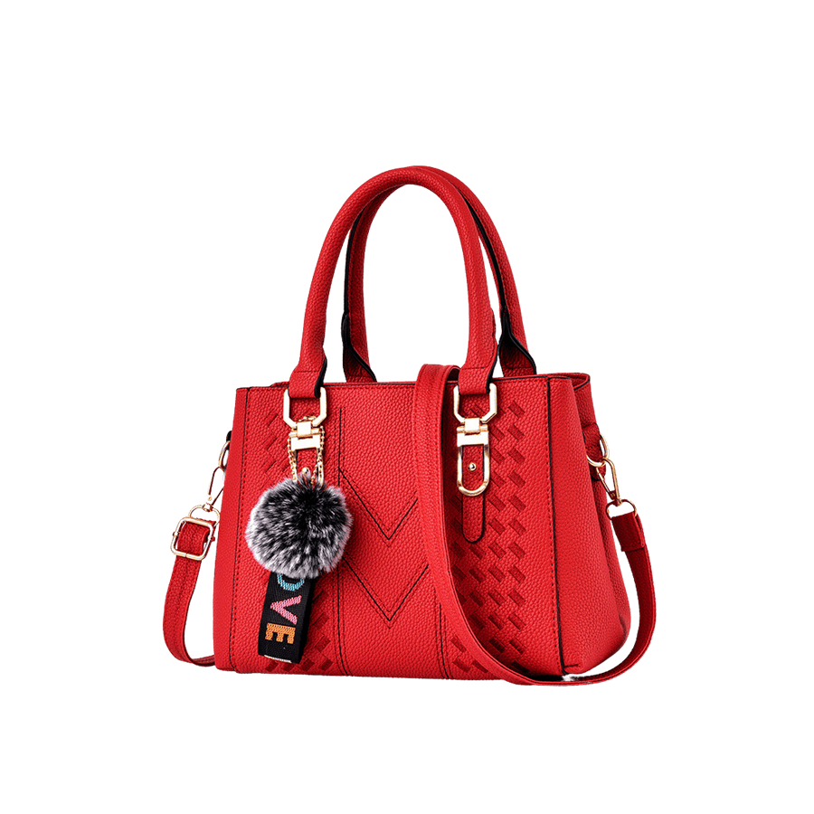 Red weave ladies handbag with detachable pompom and metal tab of handle