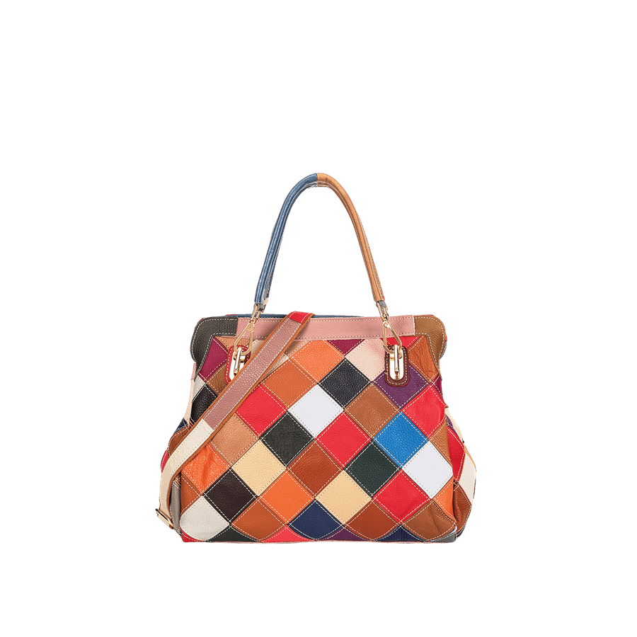 Splicing PU ladies handbag with metal tab of handle and contrast stitching