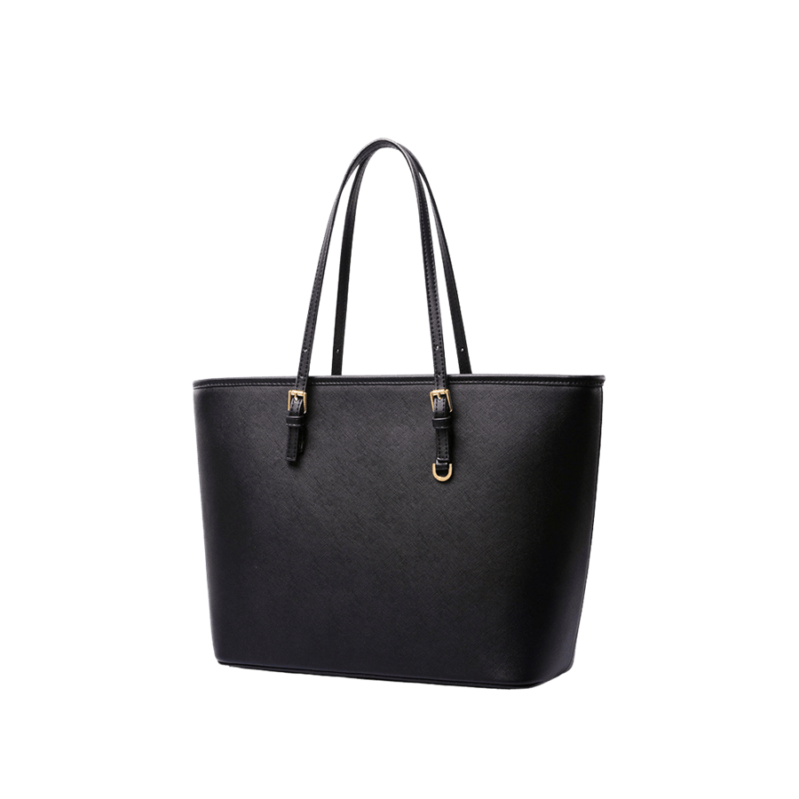 Black ladies tote with adjustable handle and decorative D-ring