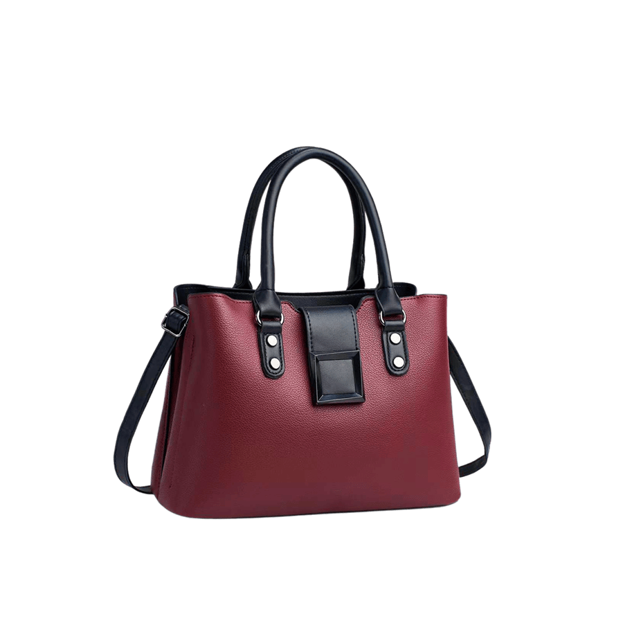 Burgundy ladies handbag with black trim PU and black suqare hardware on the small flap