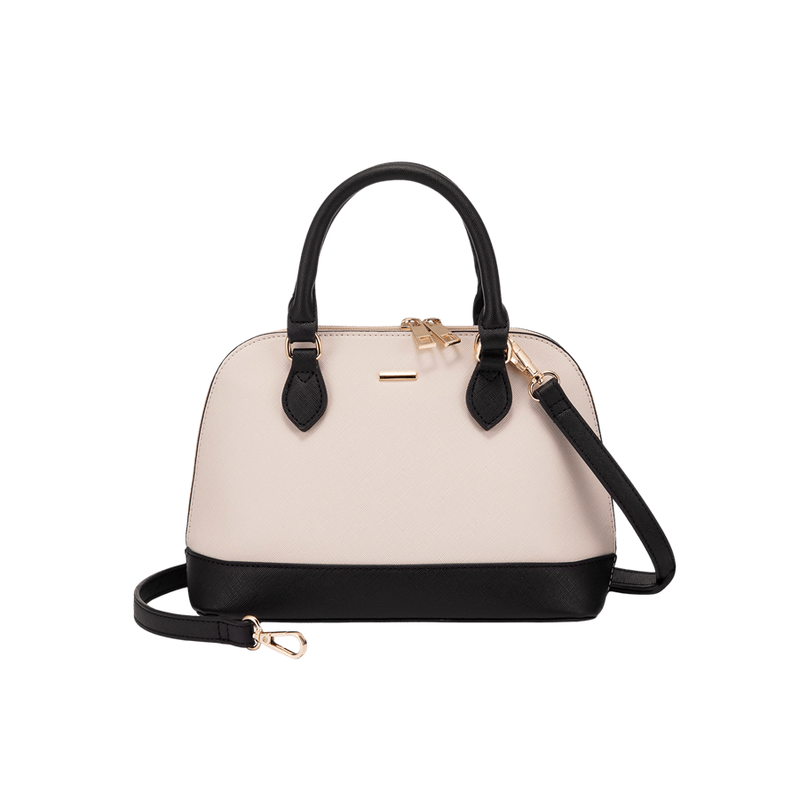 Beige ladies handbag with black trim PU and metal  plate