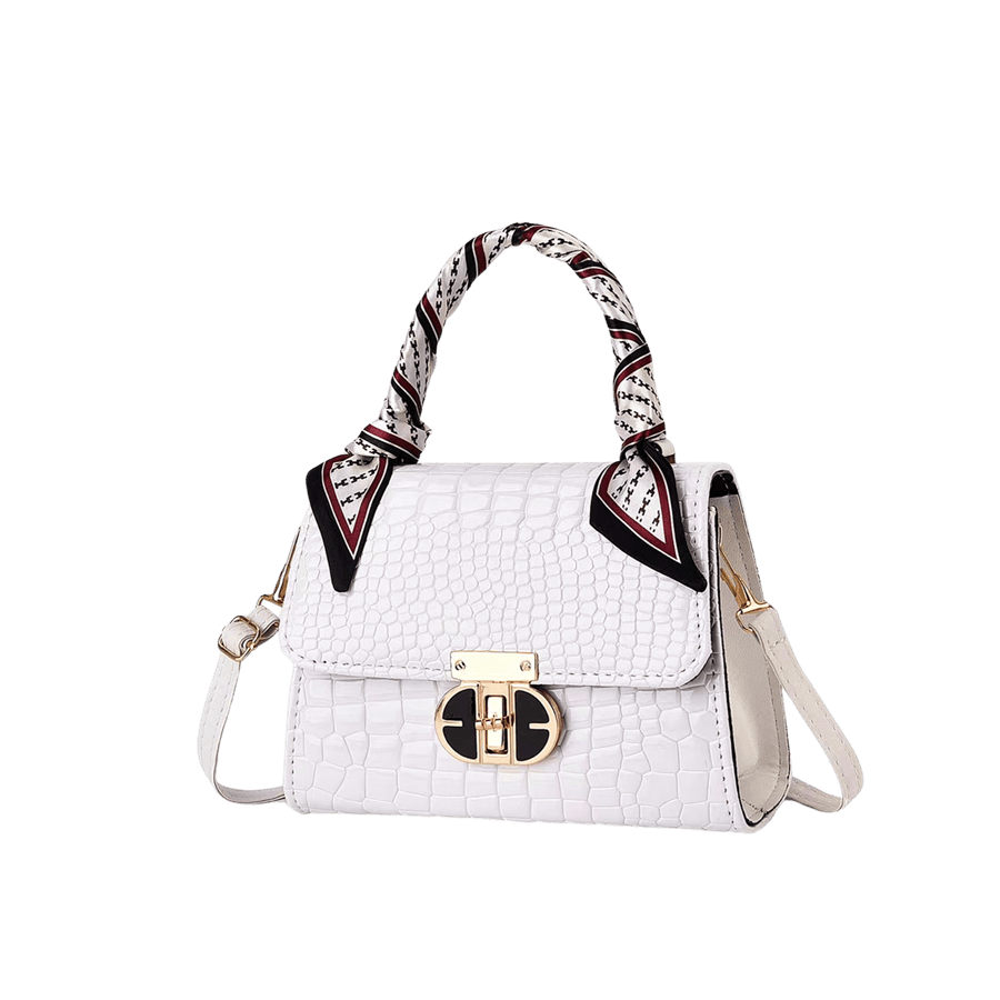 White croco PU ladies handbag with black enemal lock and decorative scarf