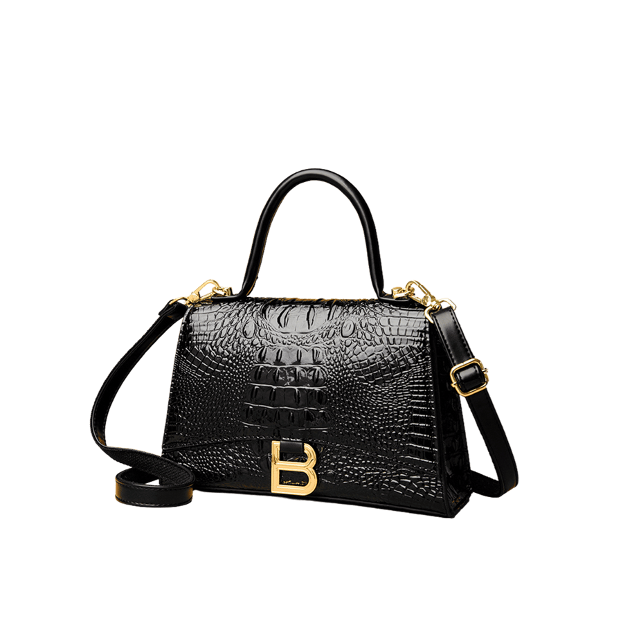 Black croco PU ladies handbag with decorative hardware and macnetic snap closure