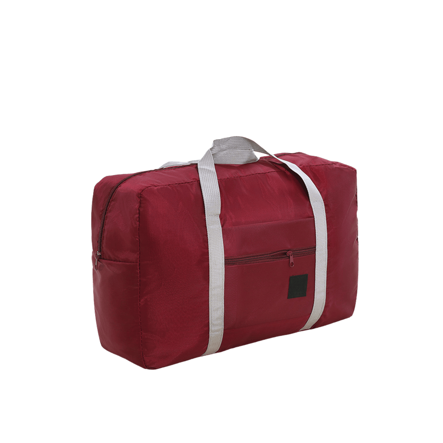 Burgundy ladies duffel bag with front and side open pockets and white webbing handle