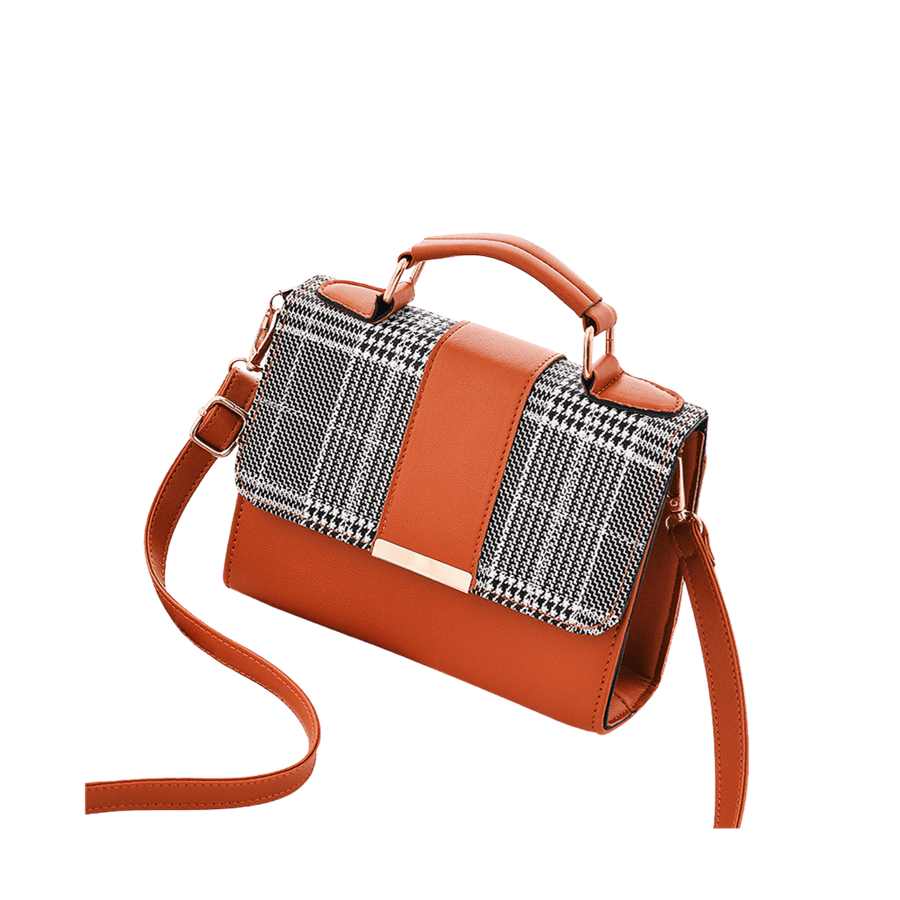 Ladies handbag with decorative metal edge and trim check PU