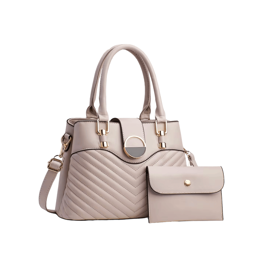 Beige quilting ladies handbag sets with round enamel hardware on the flap and metal tab