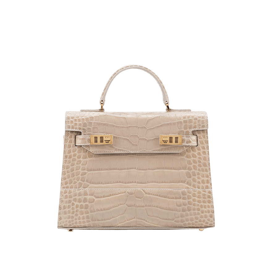 Beige croco PU ladies tote bag with lock closure and bottom metal feets