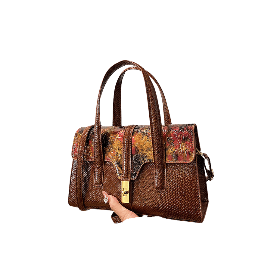 Brown snake PU ladies handbag with embossed trim PU and lock closure