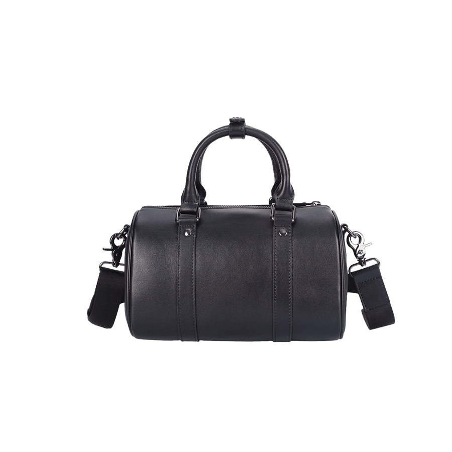 Black ladies duffel bag with decorative buckel studs and top zip closure