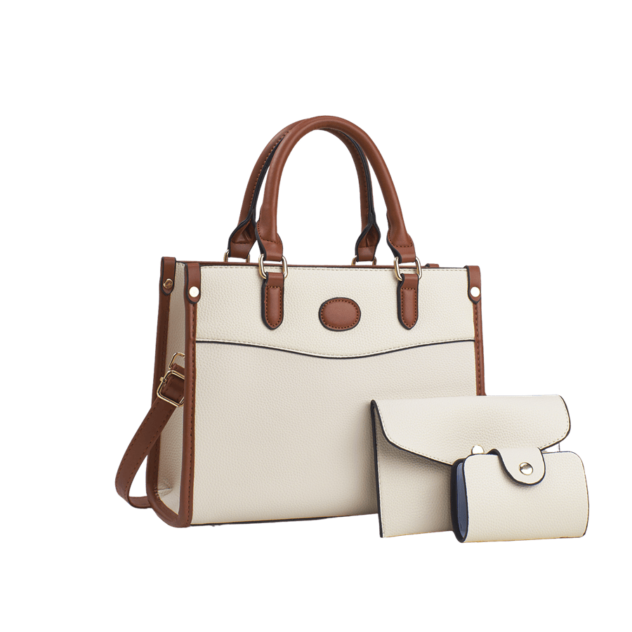 Beige ladies handbag sets with brown tirm PU and oval PU patch