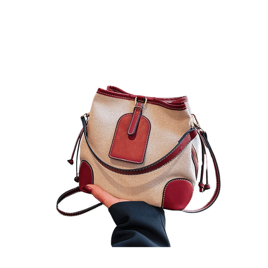 Beige canvas ladies bucket bag with red trim PU and PU hangtag