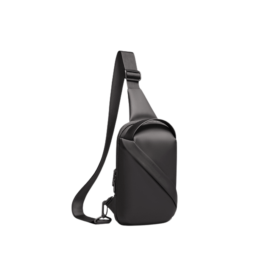 Black sling bag with handle and front zip pocket