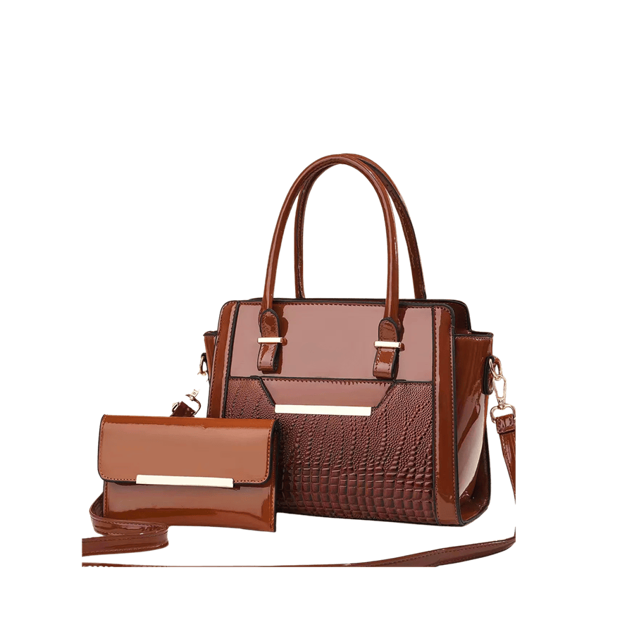 Black patent PU ladies handbag sets with metal edge and trim croco PU