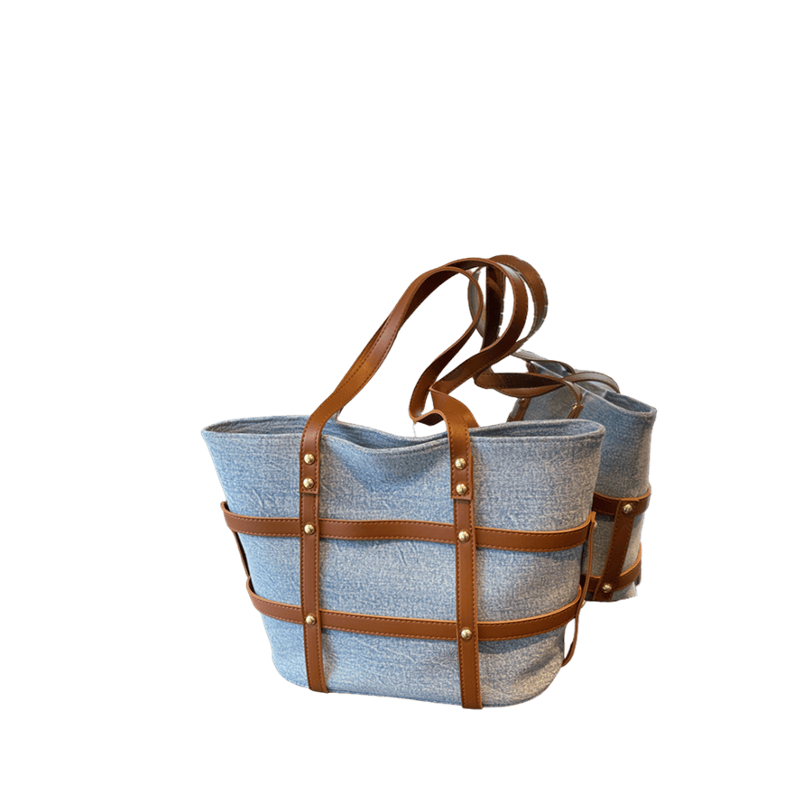 Denim ldies tote bag with brown trim PU and decorative studs