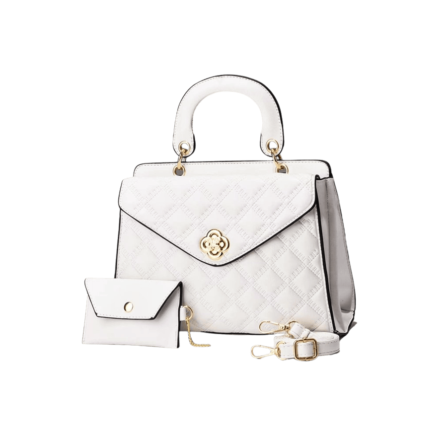 White embossed quilting ladies handbag sets with flower hardware and magnetic snap closure