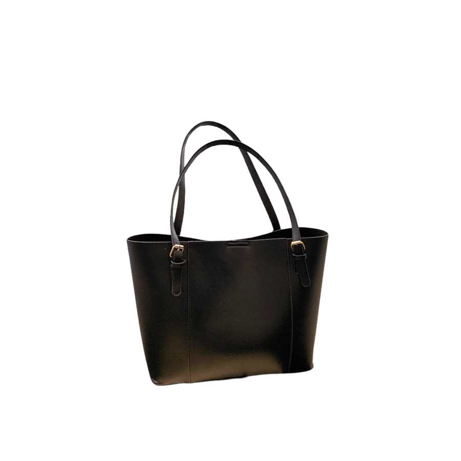 Black ladies tote bag with adjustable handle and magnetic snap closure