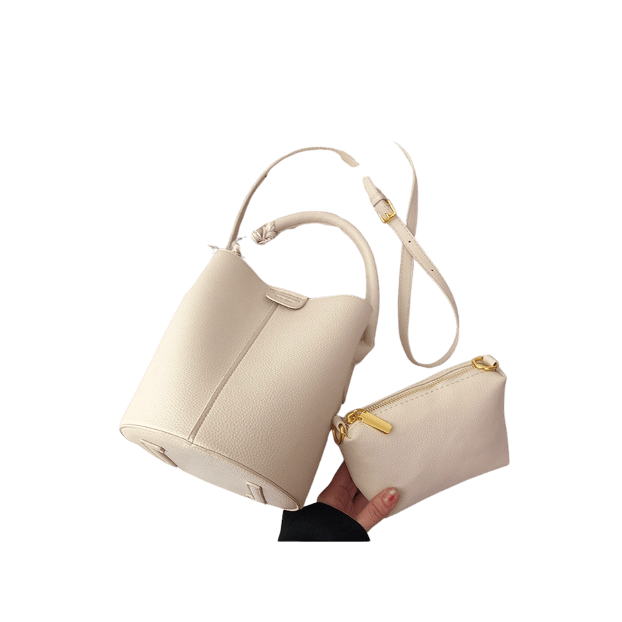 Beige ladies bucket bag sets with magnetic snap clsoure and decorative scarf