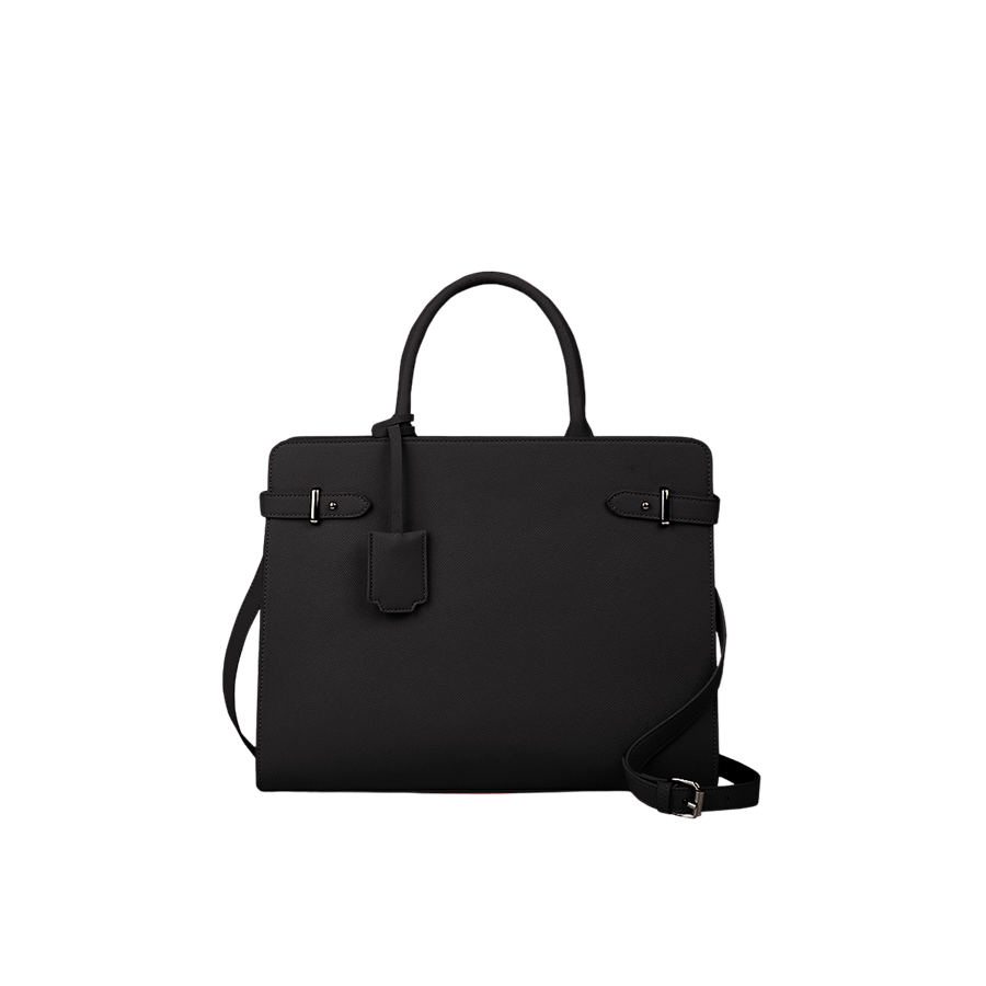 Black handbag with metal bridge and detachable PU hangtag