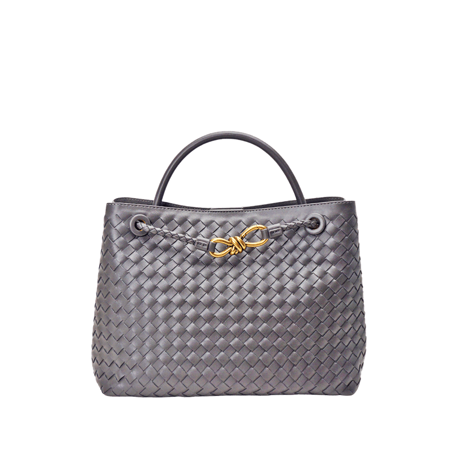 Blue weave PU ladies handbag with decorative metal bowknot and magnetic snap closure
