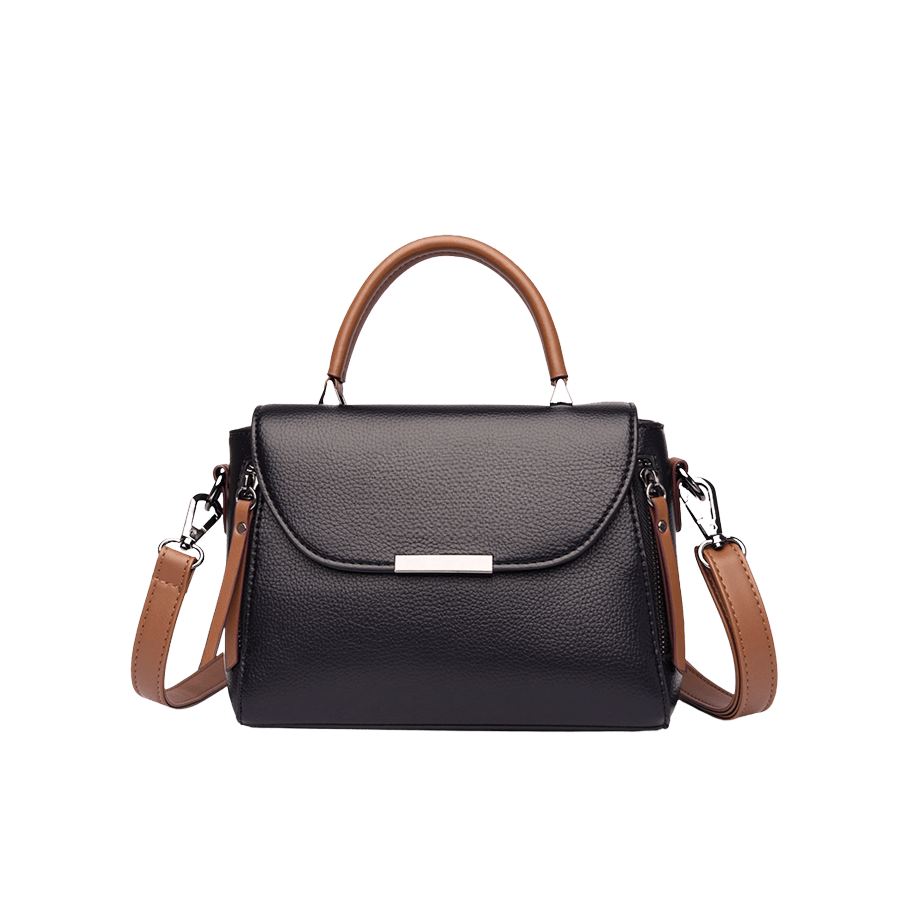 Black ladies handbag with brown trim PU and metal edge