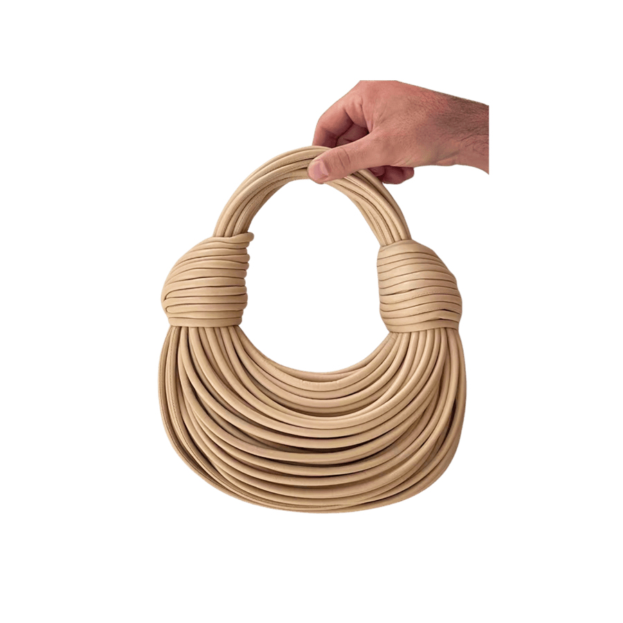 Beige string ladies handbag with knottedhandle