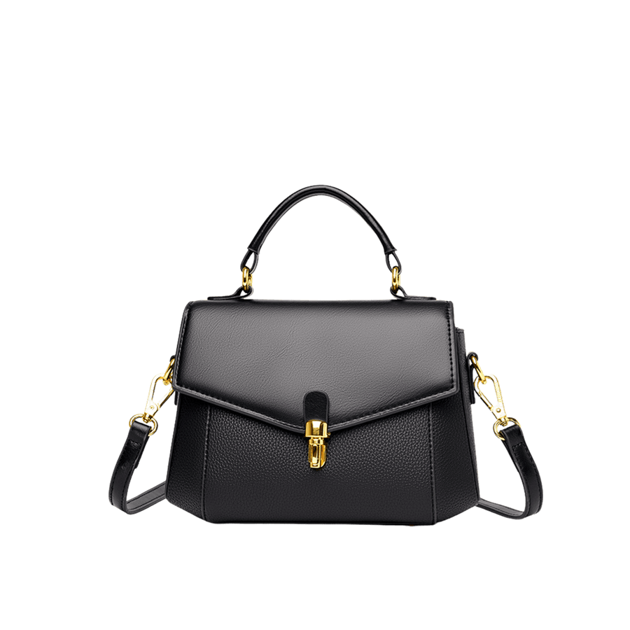 Black ladies handbag with lock closure and pebble trim PU