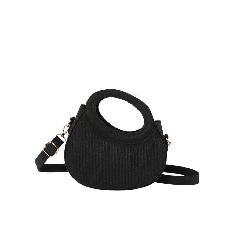 Black embossed ladies handbag with webbing shoulder strap