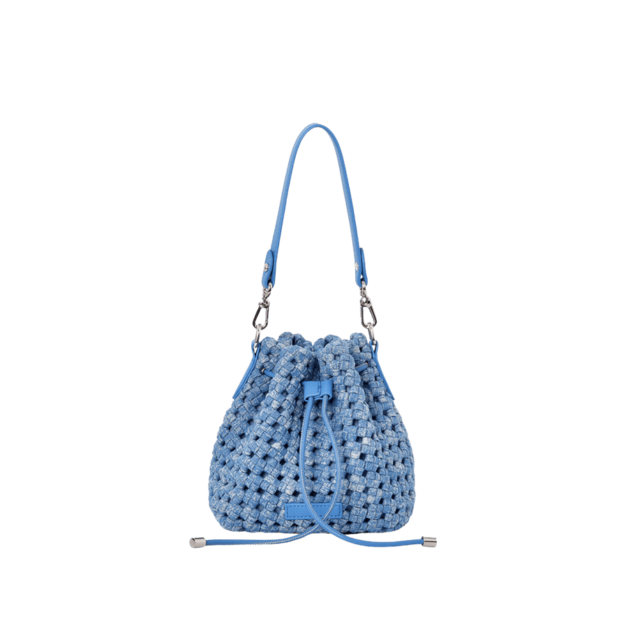 Blue crocheting ladies handbag with blue trim PU and string closure