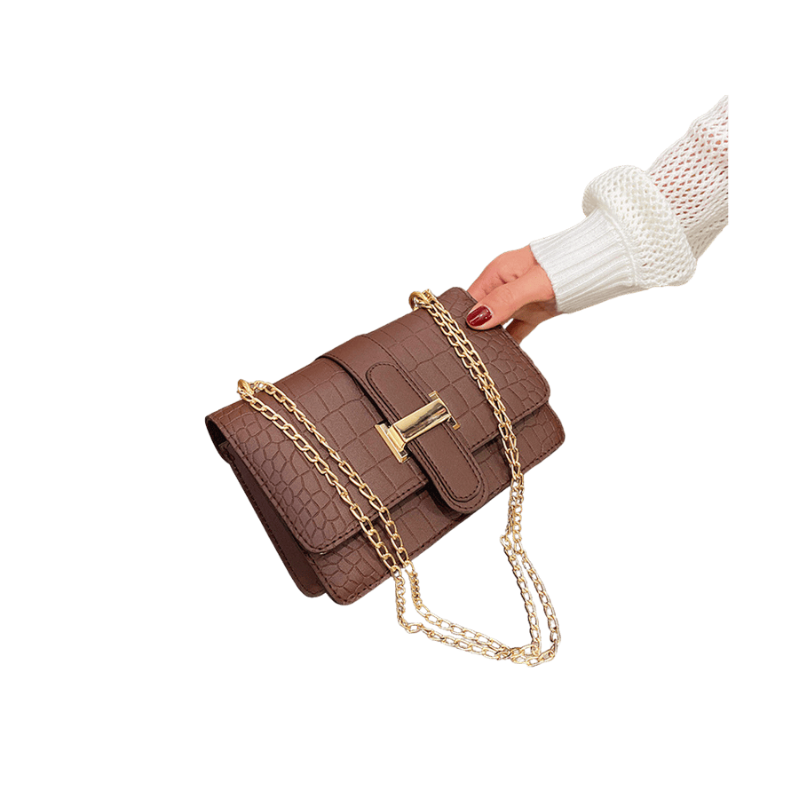 Brown croco PU ladies crossbody bag with metal bridge on the flap