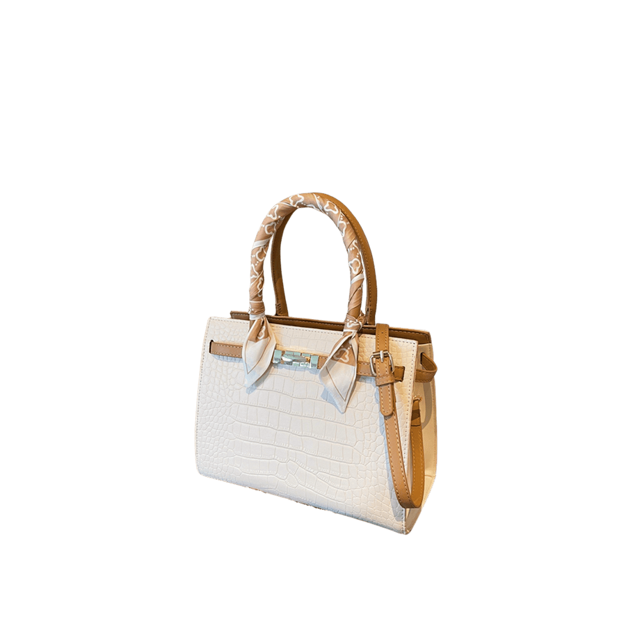 Beige croco PU laides tote with decorative scarf and lock