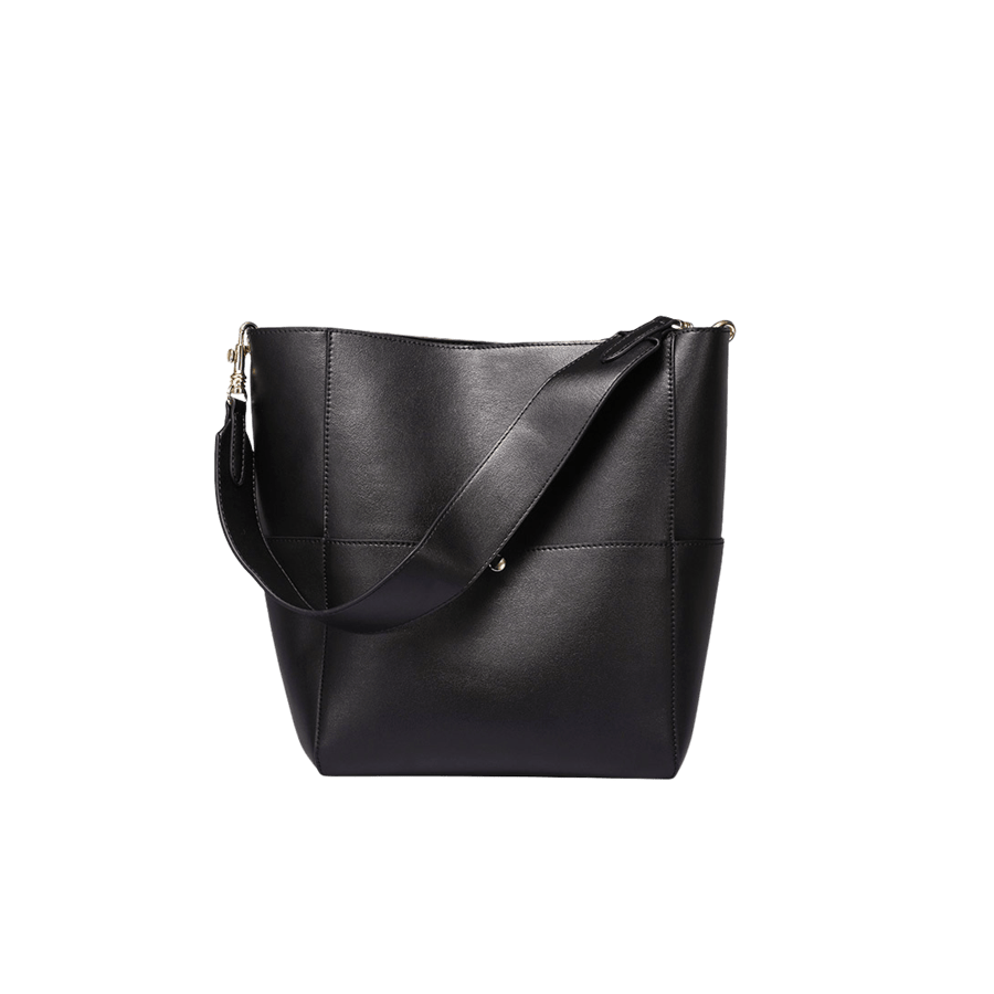 Black ladies bucket bag with front&side open pocket